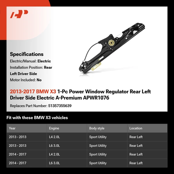 2013-2017 BMW X3 1-Pc Power Window Regulator Rear Left Driver Side Electric A-Premium APWR1076