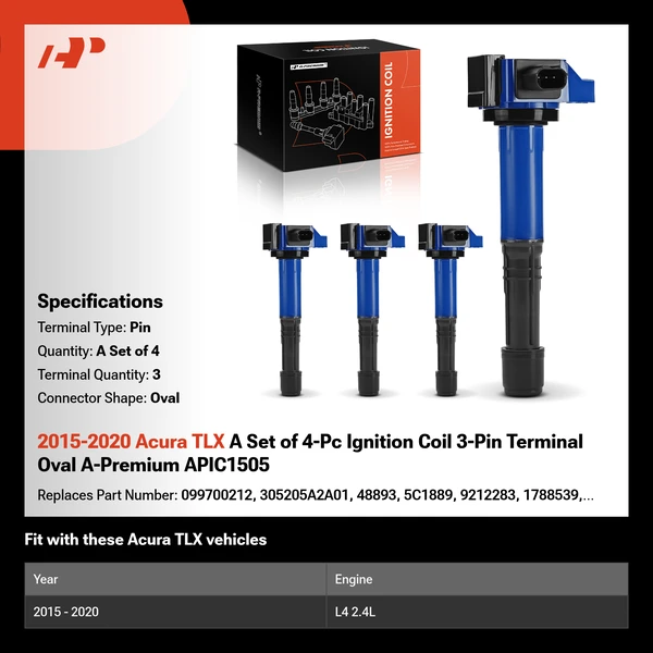 2015-2020 Acura TLX A Set of 4-Pc Ignition Coil 3-Pin Terminal Oval A-Premium APIC1505