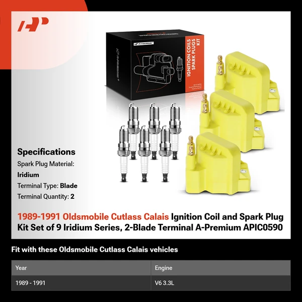 1989-1991 Oldsmobile Cutlass Calais Ignition Coil and Spark Plug Kit Set of 9 Iridium Series, 2-Blade Terminal A-Premium APIC0590