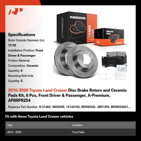 2016-2020 Toyota Land Cruiser Disc Brake Rotors and Ceramic Pads Kit, 6 Pcs, Front Driver & Passenger, A-Premium, APBRPR254