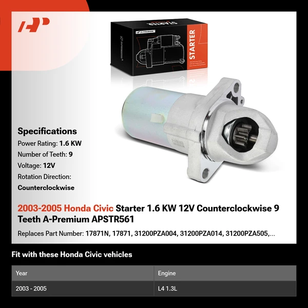 2003-2005 Honda Civic Starter 1.6 KW 12V Counterclockwise 9 Teeth A-Premium APSTR561