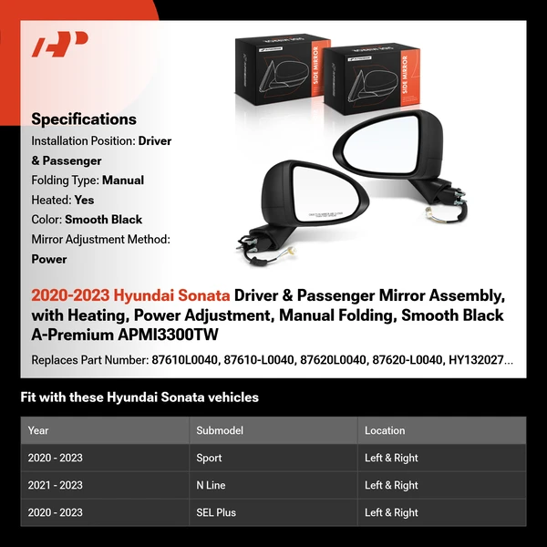 2020-2023 Hyundai Sonata Driver & Passenger Mirror Assembly, with Heating, Power Adjustment, Manual Folding, Smooth Black A-Premium APMI3300TW