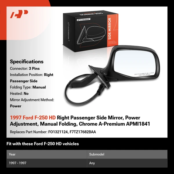 1997 Ford F-250 HD Right Passenger Side Mirror, Power Adjustment, Manual Folding, Chrome A-Premium APMI1841