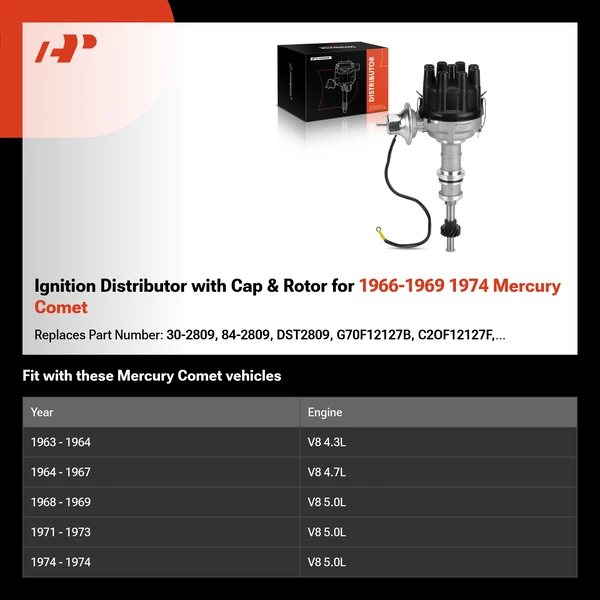 Ignition Distributor with Cap & Rotor for 1966-1969 1974 Mercury Comet