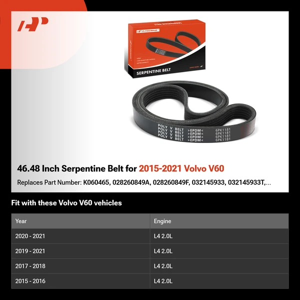 46.48 Inch Serpentine Belt for 2015-2021 Volvo V60
