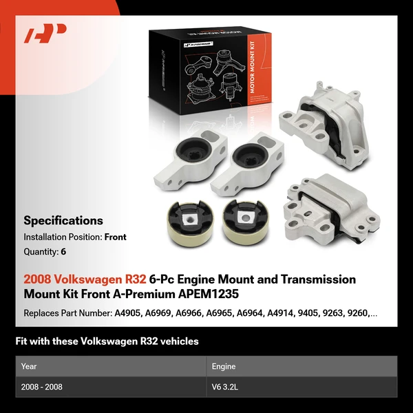 2008 Volkswagen R32 6-Pc Engine Mount and Transmission Mount Kit Front A-Premium APEM1235