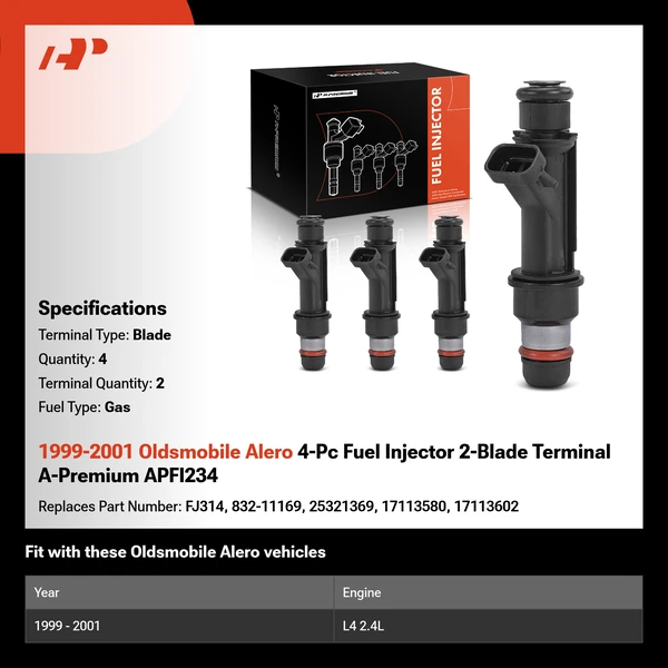 1999-2001 Oldsmobile Alero 4-Pc Fuel Injector 2-Blade Terminal A-Premium APFI234