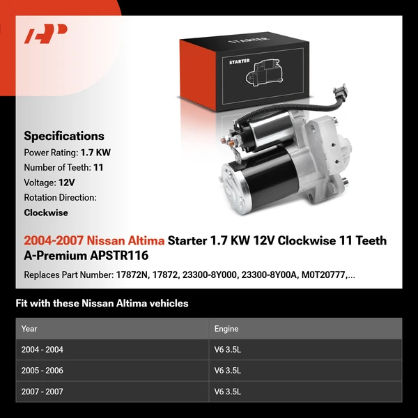 2004-2007 Nissan Altima Starter 1.7 KW 12V Clockwise 11 Teeth A-Premium APSTR116