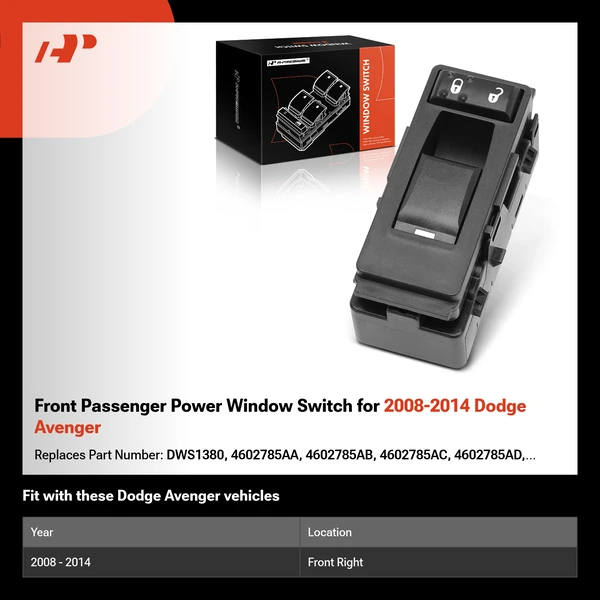 Front Passenger Power Window Switch for 2008-2014 Dodge Avenger