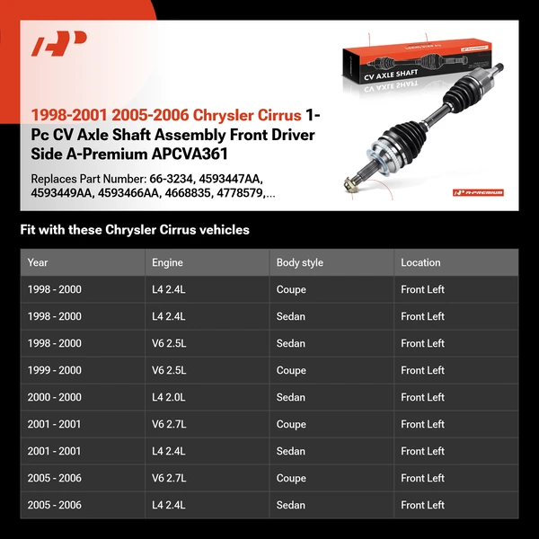 1998-2001 2005-2006 Chrysler Cirrus 1-Pc CV Axle Shaft Assembly Front Driver Side A-Premium APCVA361