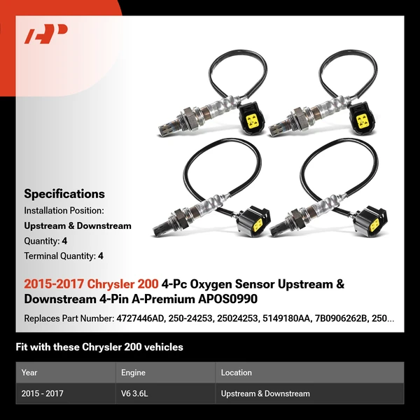 2015-2017 Chrysler 200 4-Pc Oxygen Sensor Upstream & Downstream 4-Pin A-Premium APOS0990