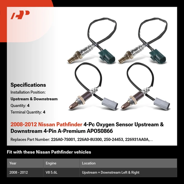 2008-2012 Nissan Pathfinder 4-Pc Oxygen Sensor Upstream & Downstream 4-Pin A-Premium APOS0866