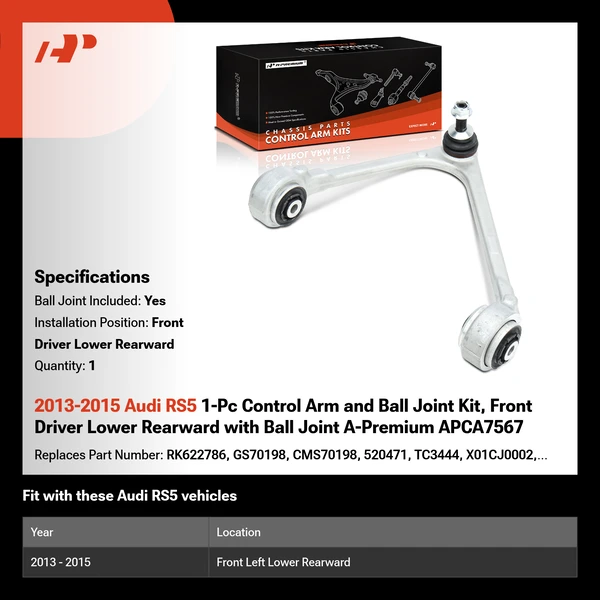 2013-2015 Audi RS5 1-Pc Control Arm and Ball Joint Kit, Front Driver Lower Rearward with Ball Joint A-Premium APCA7567
