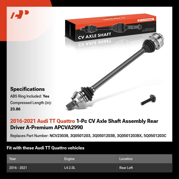 2016-2021 Audi TT Quattro 1-Pc CV Axle Shaft Assembly Rear Driver A-Premium APCVA2990