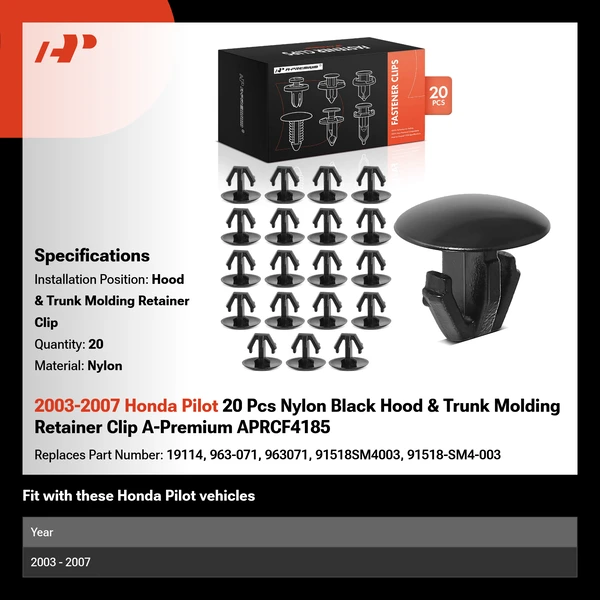 2003-2007 Honda Pilot 20 Pcs Nylon Black Hood & Trunk Molding Retainer Clip A-Premium APRCF4185