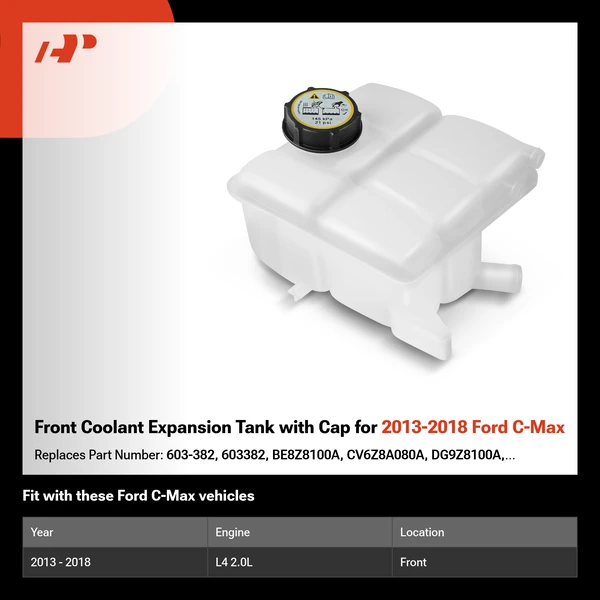 Front Coolant Expansion Tank with Cap for 2013-2018 Ford C-Max