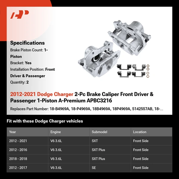 2012-2021 Dodge Charger 2-Pc Brake Caliper Front Driver & Passenger 1-Piston A-Premium APBC3216
