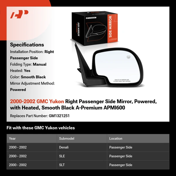 2000-2002 GMC Yukon Right Passenger Side Mirror, Powered, with Heated, Smooth Black A-Premium APMI600