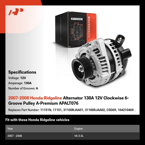 2007-2008 Honda Ridgeline Alternator 130A 12V Clockwise 6-Groove Pulley A-Premium APALT076