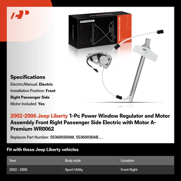 2002-2006 Jeep Liberty 1-Pc Power Window Regulator and Motor Assembly Front Right Passenger Side Electric with Motor A-Premium WR0062