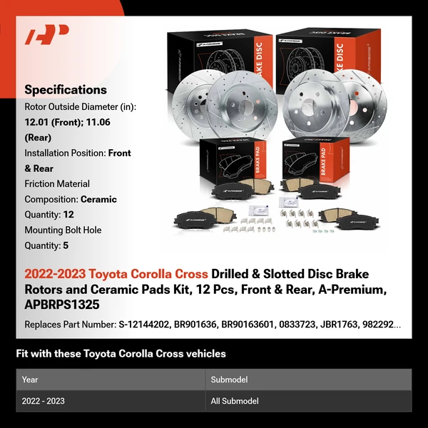 2022-2023 Toyota Corolla Cross Drilled & Slotted Disc Brake Rotors and Ceramic Pads Kit, 12 Pcs, Front & Rear, A-Premium, APBRPS1325