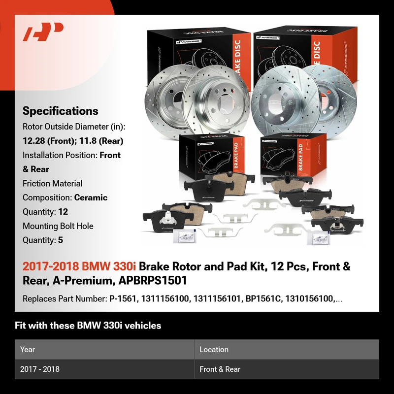 2017-2018 BMW 330i Brake Rotor and Pad Kit, 12 Pcs, Front & Rear, A-Premium, APBRPS1501
