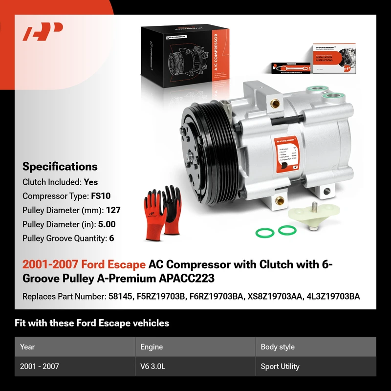 2001-2007 Ford Escape AC Compressor with Clutch with 6-Groove Pulley A-Premium APACC223