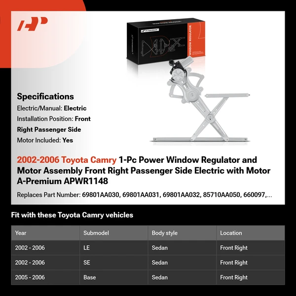 2002-2006 Toyota Camry 1-Pc Power Window Regulator and Motor Assembly Front Right Passenger Side Electric with Motor A-Premium APWR1148
