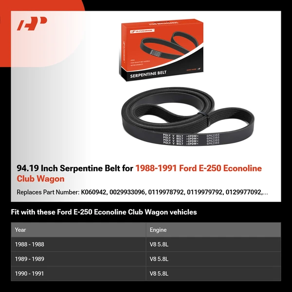 94.19 Inch Serpentine Belt for 1988-1991 Ford E-250 Econoline Club Wagon