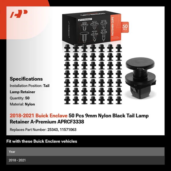 2018-2021 Buick Enclave 50 Pcs 9mm Nylon Black Tail Lamp Retainer A-Premium APRCF3338