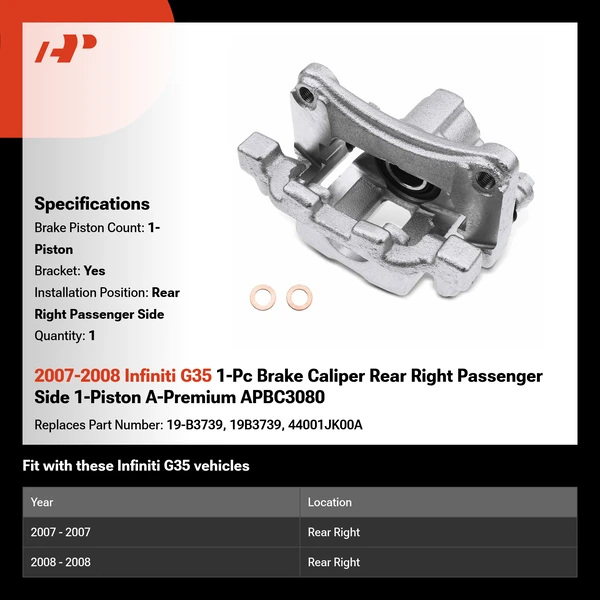 2007-2008 Infiniti G35 1-Pc Brake Caliper Rear Right Passenger Side 1-Piston A-Premium APBC3080