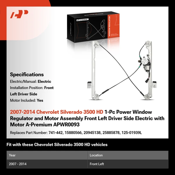 2007-2014 Chevrolet Silverado 3500 HD 1-Pc Power Window Regulator and Motor Assembly Front Left Driver Side Electric with Motor A-Premium APWR0093