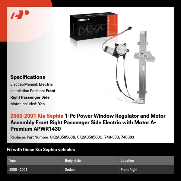 2000-2001 Kia Sephia 1-Pc Power Window Regulator and Motor Assembly Front Right Passenger Side Electric with Motor A-Premium APWR1430