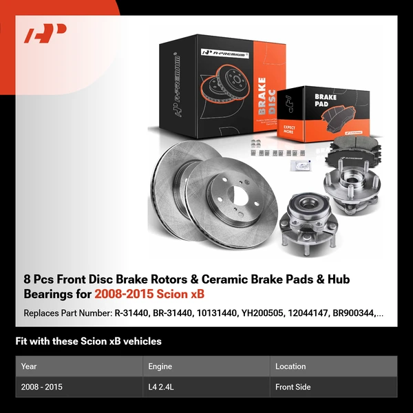 8 Pcs Front Disc Brake Rotors & Ceramic Brake Pads & Hub Bearings for 2008-2015 Scion xB
