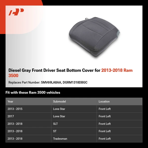 Diesel Gray Front Driver Seat Bottom Cover for 2013-2018 Ram 3500