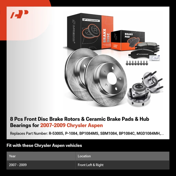8 Pcs Front Disc Brake Rotors & Ceramic Brake Pads & Hub Bearings for 2007-2009 Chrysler Aspen