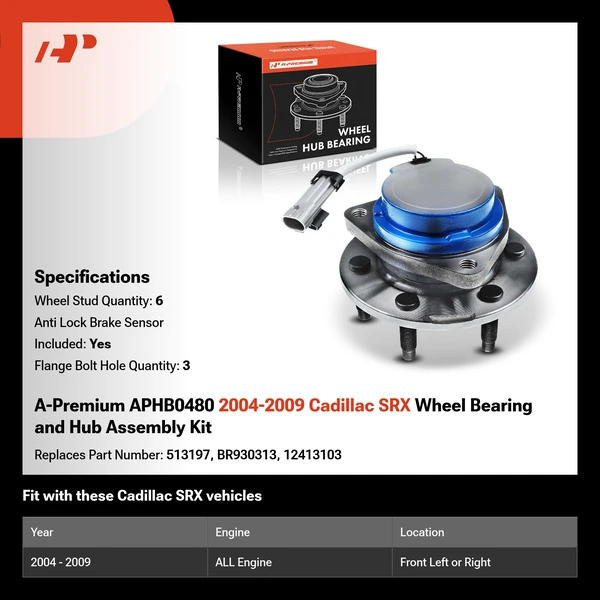 A-Premium APHB0480 2004-2009 Cadillac SRX Wheel Bearing and Hub Assembly Kit