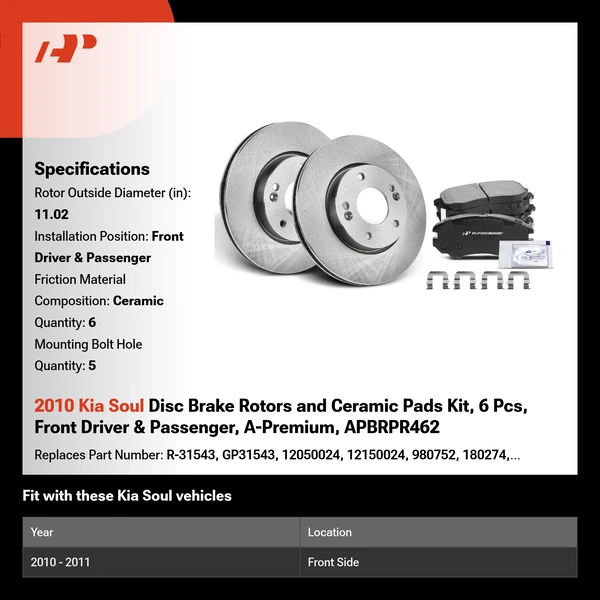 2010 Kia Soul Disc Brake Rotors and Ceramic Pads Kit, 6 Pcs, Front Driver & Passenger, A-Premium, APBRPR462