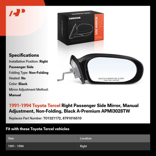 1991-1994 Toyota Tercel Right Passenger Side Mirror, Manual Adjustment, Non-Folding, Black A-Premium APMI3028TW