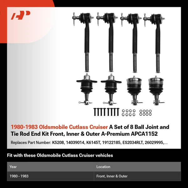1980-1983 Oldsmobile Cutlass Cruiser A Set of 8 Ball Joint and Tie Rod End Kit Front, Inner & Outer A-Premium APCA1152
