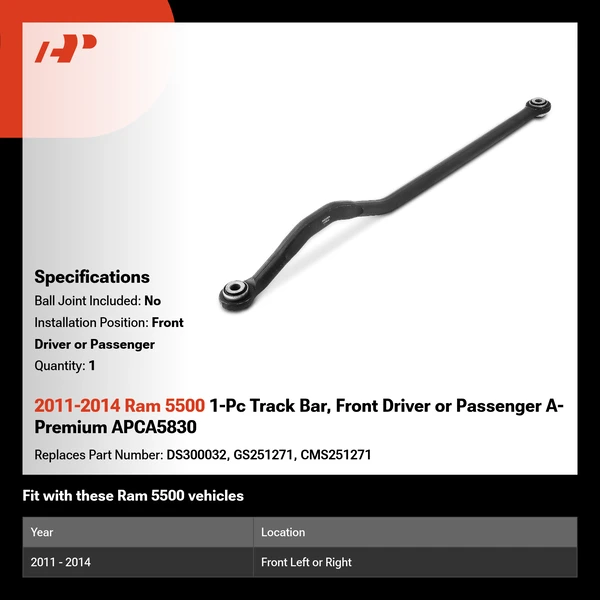 2011-2014 Ram 5500 1-Pc Track Bar, Front Driver or Passenger A-Premium APCA5830