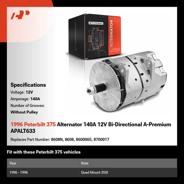 1996 Peterbilt 375 Alternator 140A 12V Bi-Directional A-Premium APALT633