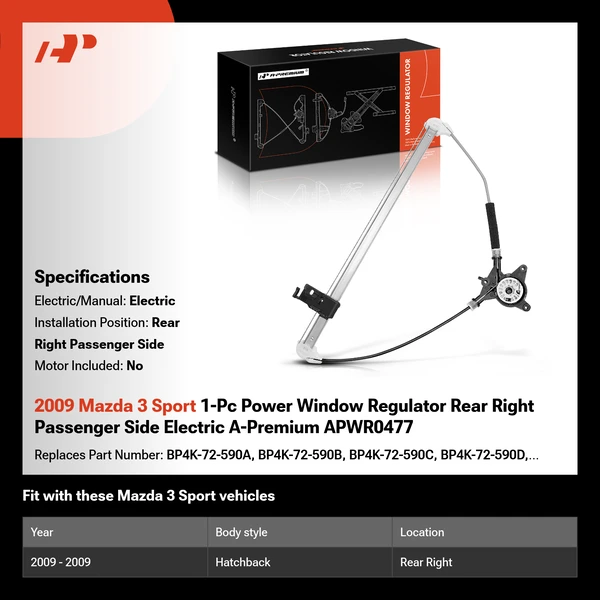 2009 Mazda 3 Sport 1-Pc Power Window Regulator Rear Right Passenger Side Electric A-Premium APWR0477