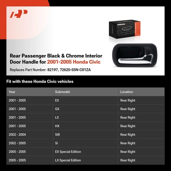 Rear Passenger Black & Chrome Interior Door Handle for 2001-2005 Honda Civic