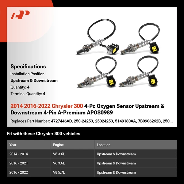 2014 2016-2022 Chrysler 300 4-Pc Oxygen Sensor Upstream & Downstream 4-Pin A-Premium APOS0989