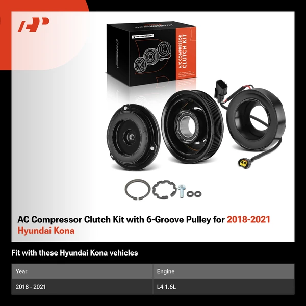 AC Compressor Clutch Kit with 6-Groove Pulley for 2018-2021 Hyundai Kona