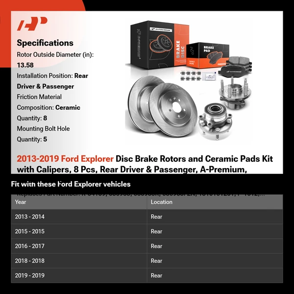 2013-2019 Ford Explorer Disc Brake Rotors and Ceramic Pads Kit with Calipers, 8 Pcs, Rear Driver & Passenger, A-Premium, APBRPR778