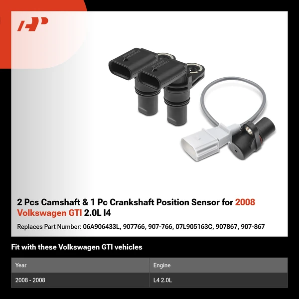 2 Pcs Camshaft & 1 Pc Crankshaft Position Sensor for 2008 Volkswagen GTI 2.0L l4