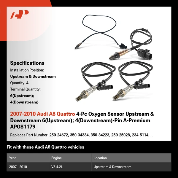 2007-2010 Audi A8 Quattro 4-Pc Oxygen Sensor Upstream & Downstream 6(Upstream); 4(Downstream)-Pin A-Premium APOS1179