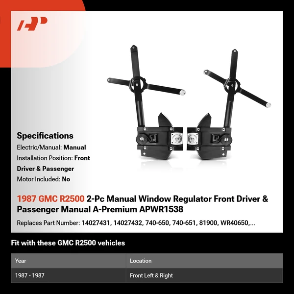 1987 GMC R2500 2-Pc Manual Window Regulator Front Driver & Passenger Manual A-Premium APWR1538